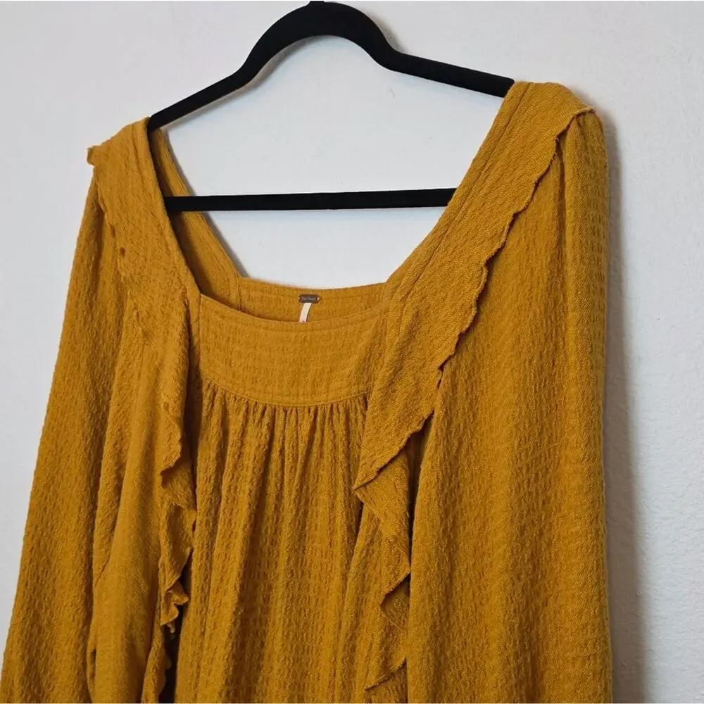 FREE PEOPLE Bonnie Ruffle Long Sleeve Peasant Top In Marigold Relaxed Fall Sz XS